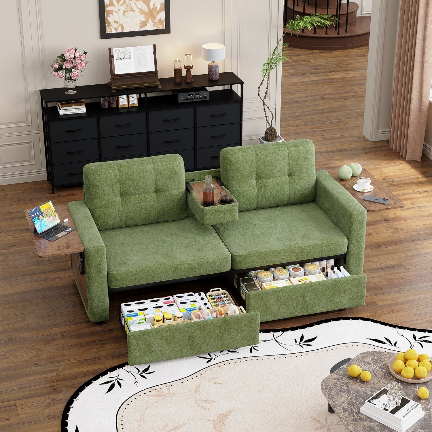70.08" Chenille 2-Seater Sofa with Side Tables and Pull-out Drawers