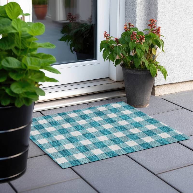 Machine Washable Indoor/ Outdoor Chantille Plaid Rug - Teal - 1'8" x 2'6"