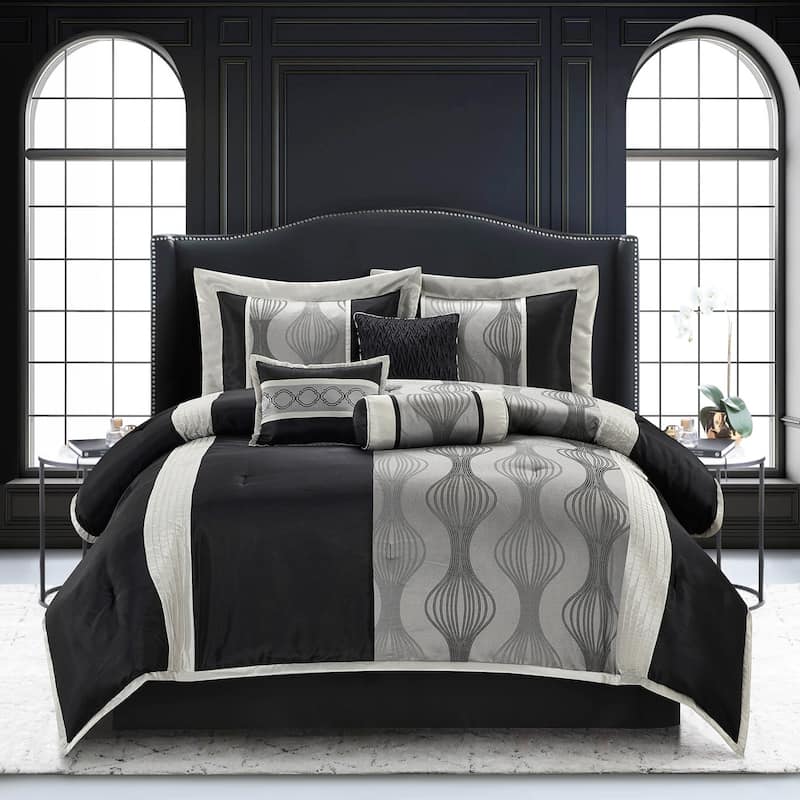 Grand Avenue Daniella 7-Piece Modern Geometric Comforter Set - Black/Silver - California King