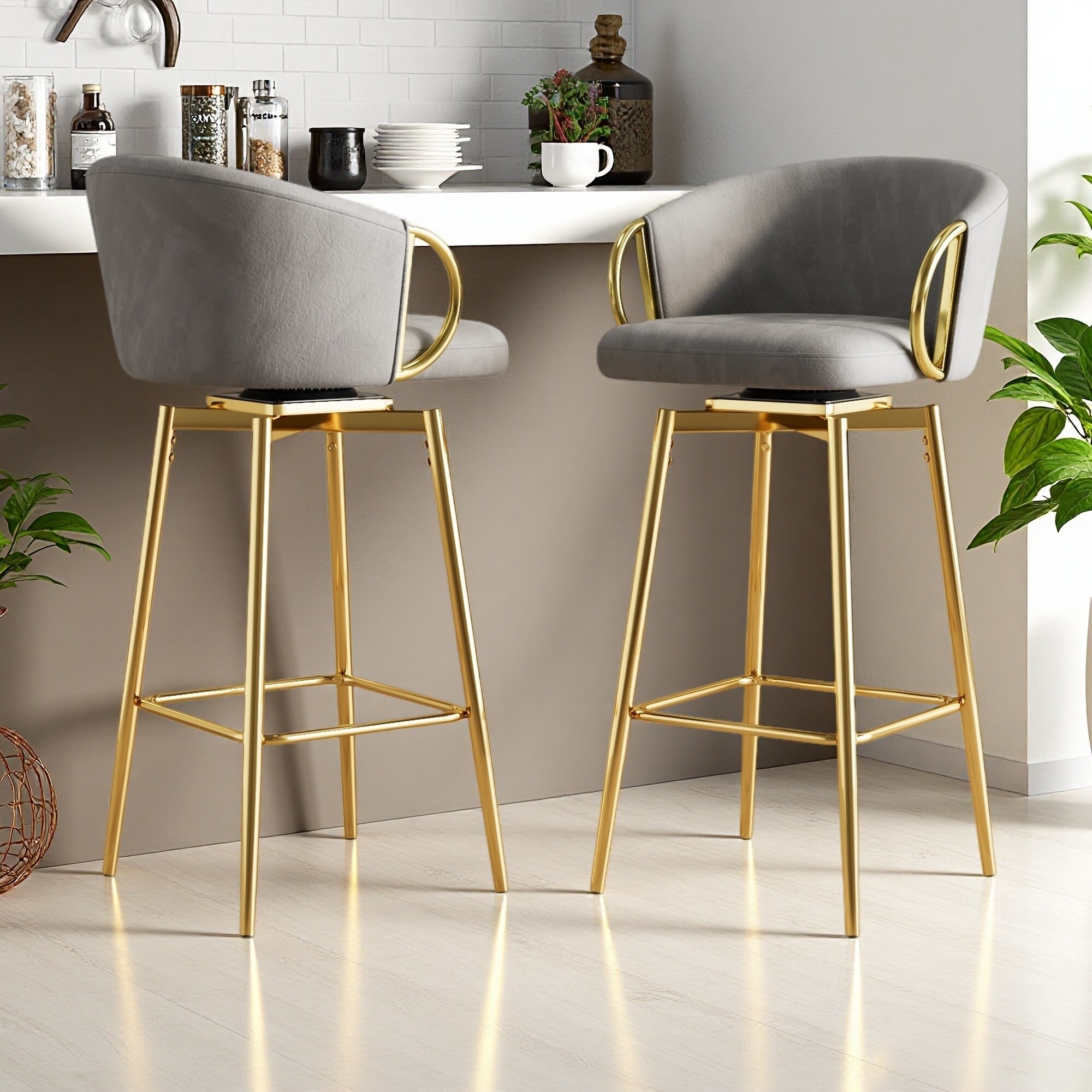 37"H Set of 2 Velvet Swivel Bar Chairs 360° Rotating High Dining Chairs with Metal Legs, Anti-Slip Pads, and Compact Design
