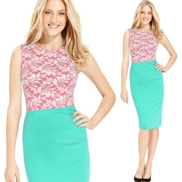 Pencil Skirt Fashion Stitching Temperament Round Neck Short-Sleeve Dress Belt - Overstock - 31154572