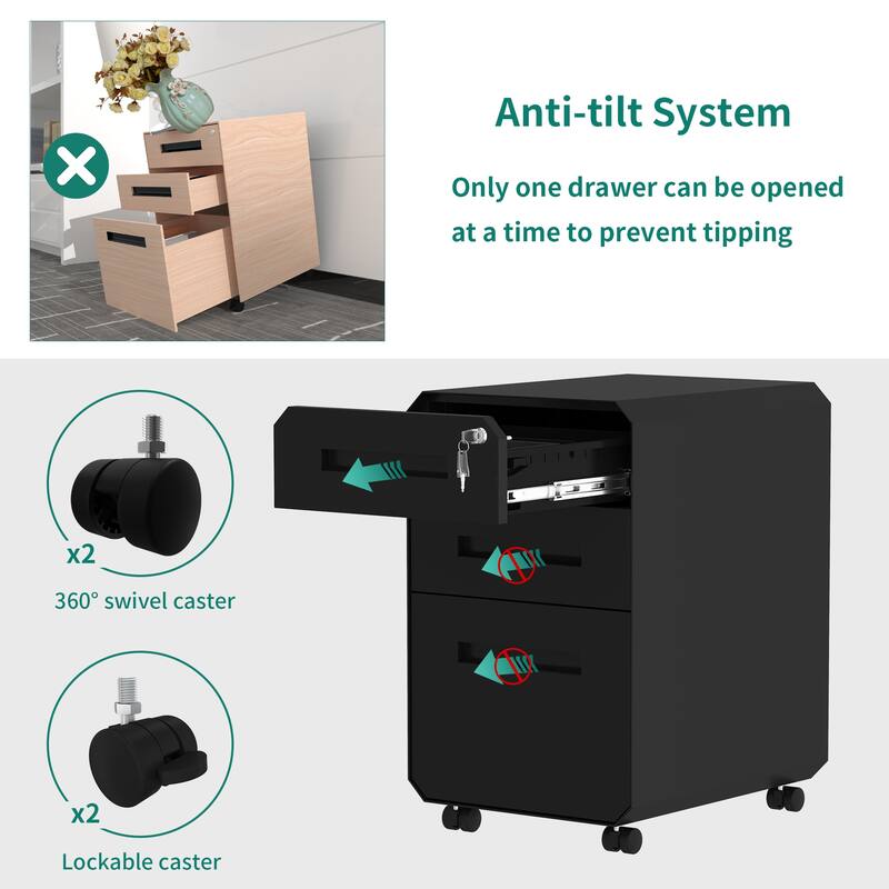 Modern Polygon 3-Drawer Wheeled Steel File Cabinet