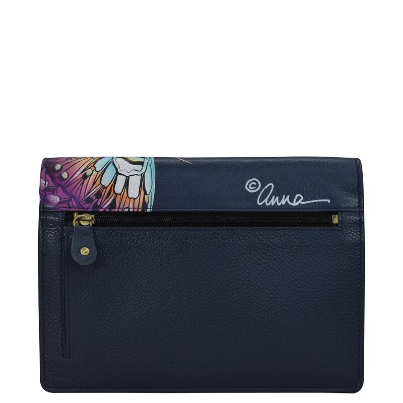 Handpainted Leather Ladies Two Fold Wallet On a String - Magical Wings Navy