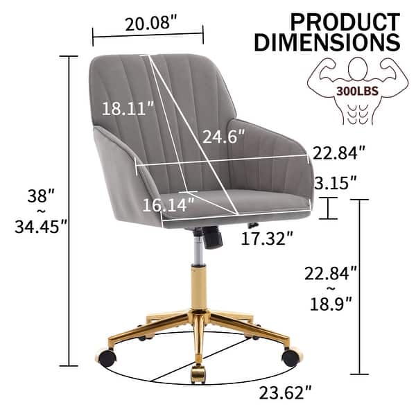 dimension image slide 6 of 8, Adjustable Velvet Office Chair with Wheels, Ergonomic Swivel Study Desk Chair, Upholstered Task Chair with Backrest Seat - N/A