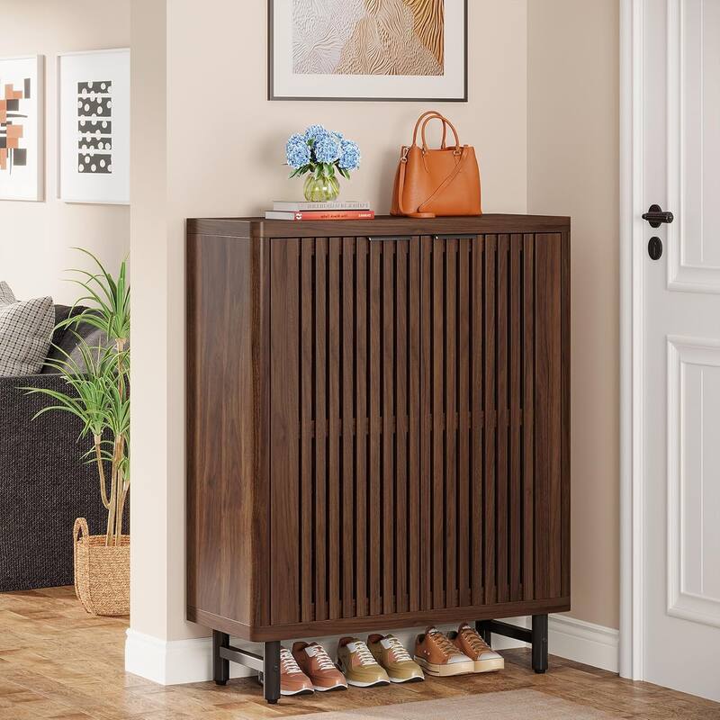 6-Tier Shoe Cabinet with Shutter Doors Adjustable Shelves Wooden Storage Cabinet for Entryway/Hallway/Closet/Living Room