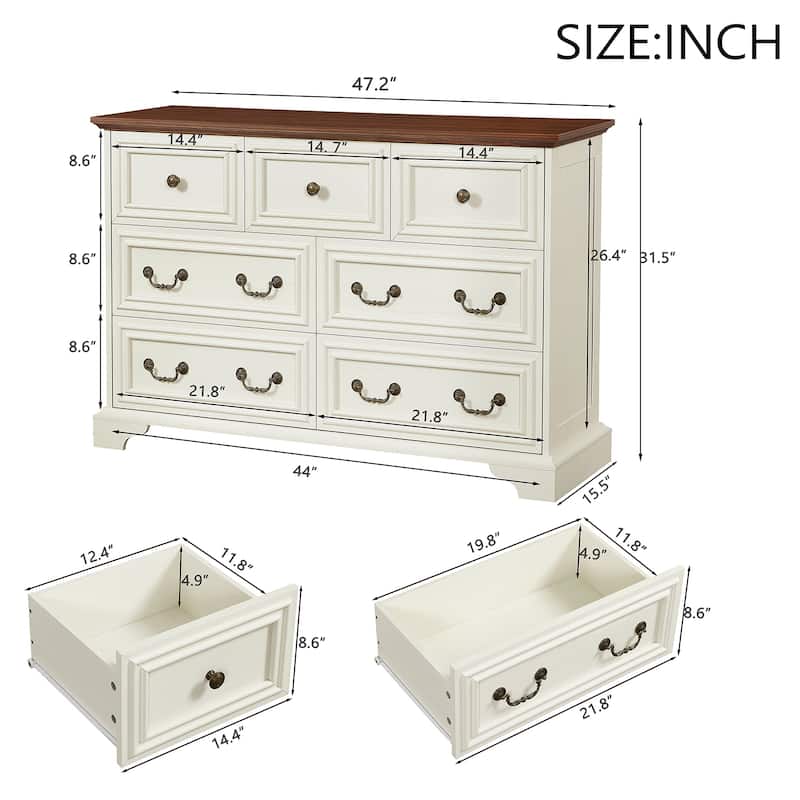 Farmhouse 7 Drawer Dresser, Rustic Wooden Chest of Drawers with Vintage Handles, Storage Organizer for Bedroom and Hallway