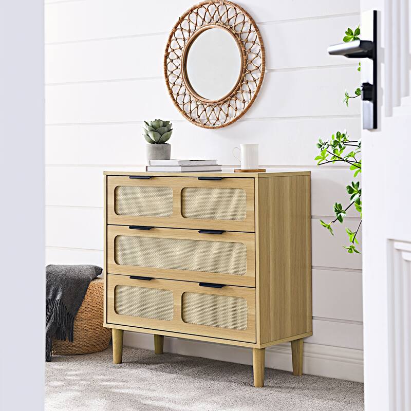 Modern Rattan Dresser Farmhouse Wooden Storage Cabinet with 3 Wide Drawers and Metal Handles, for Room Living Room Hallway