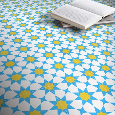 Medina Handmade Cement Tile, 8''x8'', Yellow-Blue ,Set of 12( Morocco)