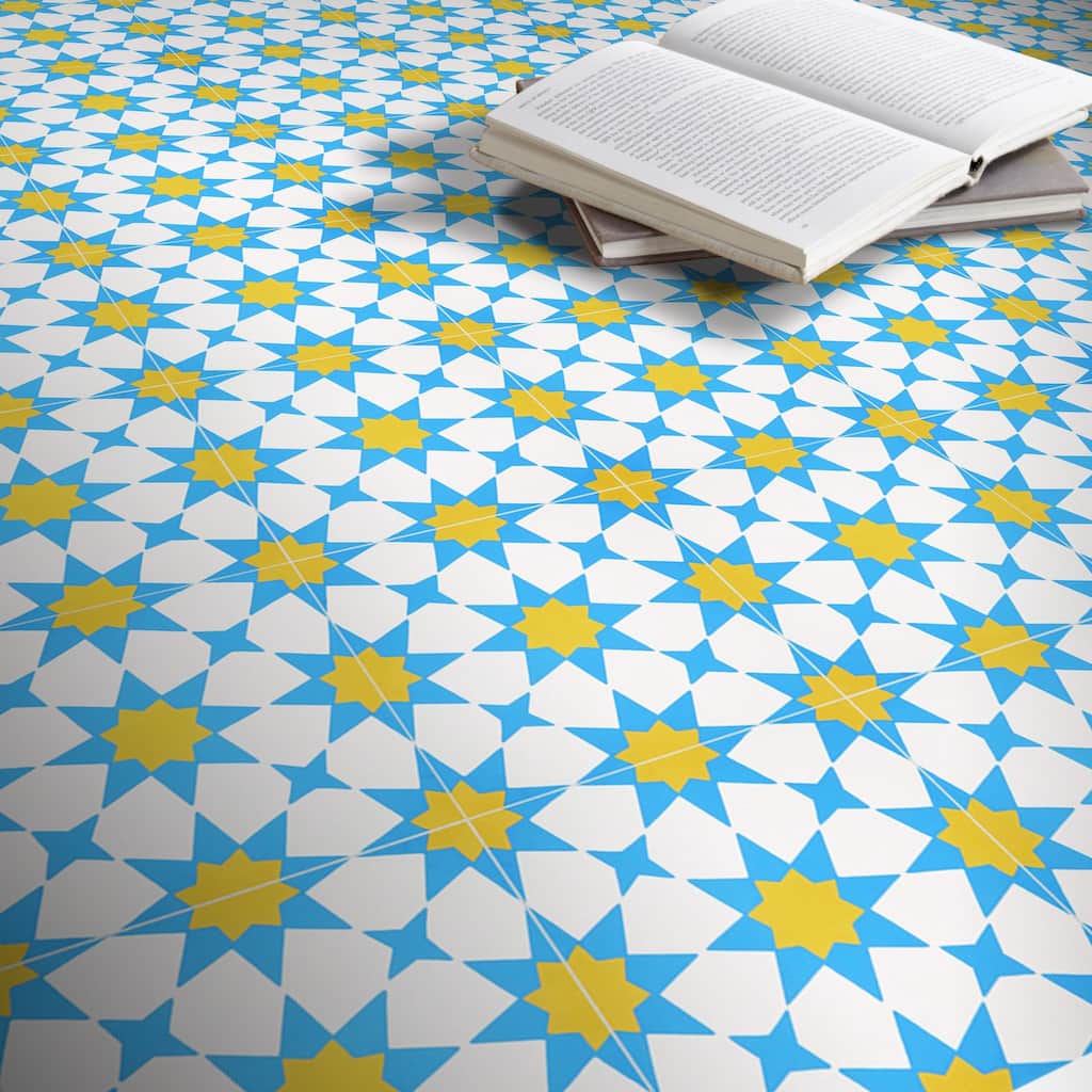 Medina Handmade Cement Tile, 8''x8'', Yellow-Blue ,Set of 12( Morocco)