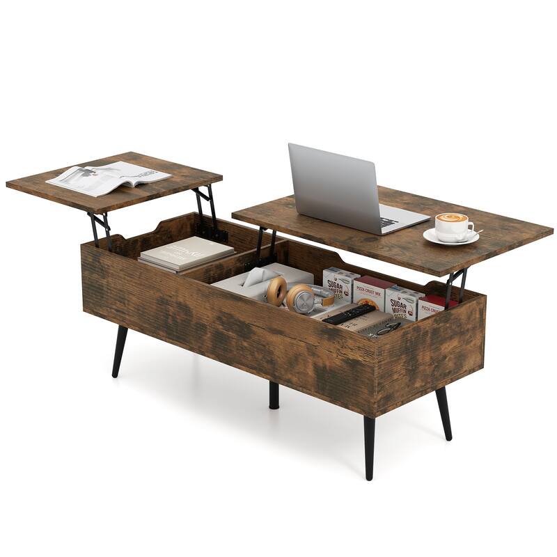 Gymax Mid Century Modern Center Table w/ Split Top & 2 Hidden - Brown - Wood