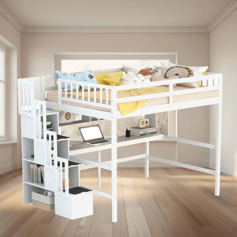Full Size Loft Platform Bed with Built-in Desk, Bookshelves and Storage Staircase, Maximize Your Space and Comfort, for Bedroom - White - Full