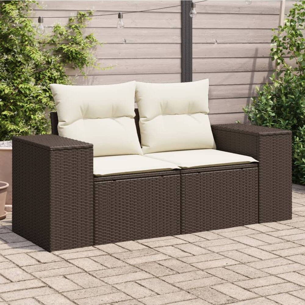 vidaXL Patio Sofa with Cushions 2-Seater Modular Couch Loveseat Poly Rattan - 24.4 x 73.2 x 27.2 in