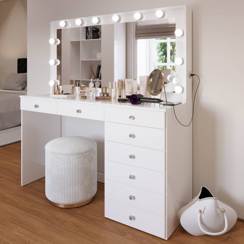 Boahaus Makeup Vanity Desk Glass Top 8 Drawers Crystal Knobs Lighted Mirror - White