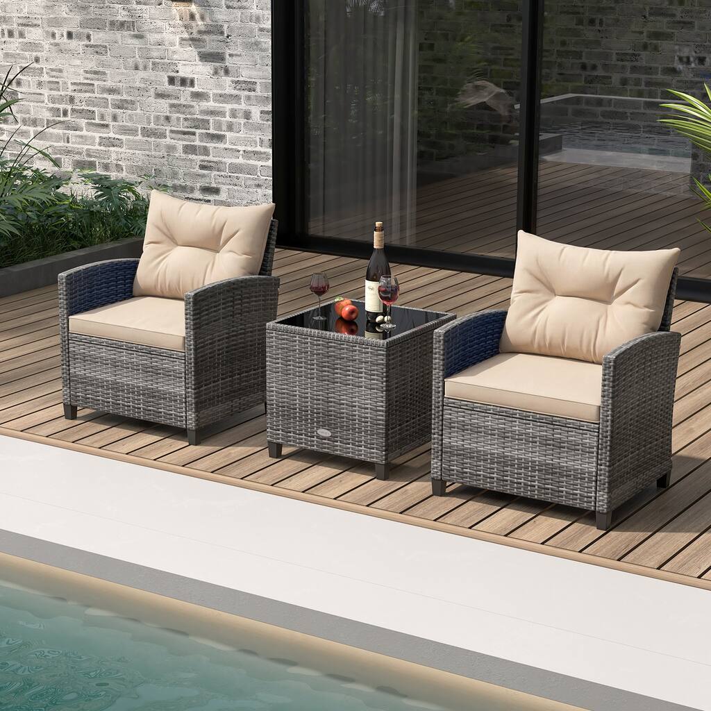 Gymax 3PCS Patio Rattan Furniture Bistro Set Cushioned Sofas Side