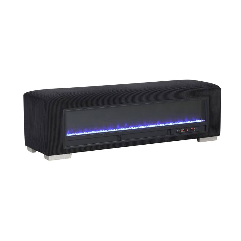 Furniture of America Goffney Chenille Bench with Fireplace Simulator and Bluetooth Audio