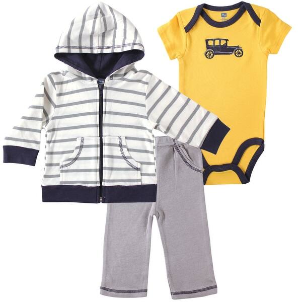 slide 1 of 1, Hudson Baby Infant and Toddler Boy Cotton Hoodie, Bodysuit or Tee Top and Pant Set, Car 0-3 Months - Car
