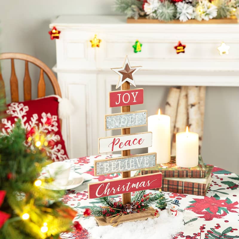 Glitzhome Christmas Tree Shaped Wooden Nativity Sign Table Decor for Holiday Party