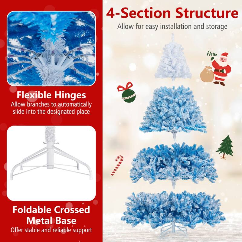Gymax 5/6/7/8 FT Artificial Christmas Tree Hinged Snow Flocked Xmas - Blue, White