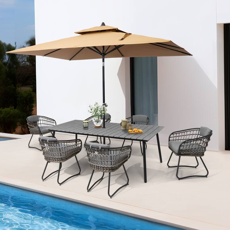 Outdoor 7 PC- Patio Rectangular Aluminum Dining Table Set with Umbrella Hole with Rattan Chair - Table-Grey&Seat-Grey