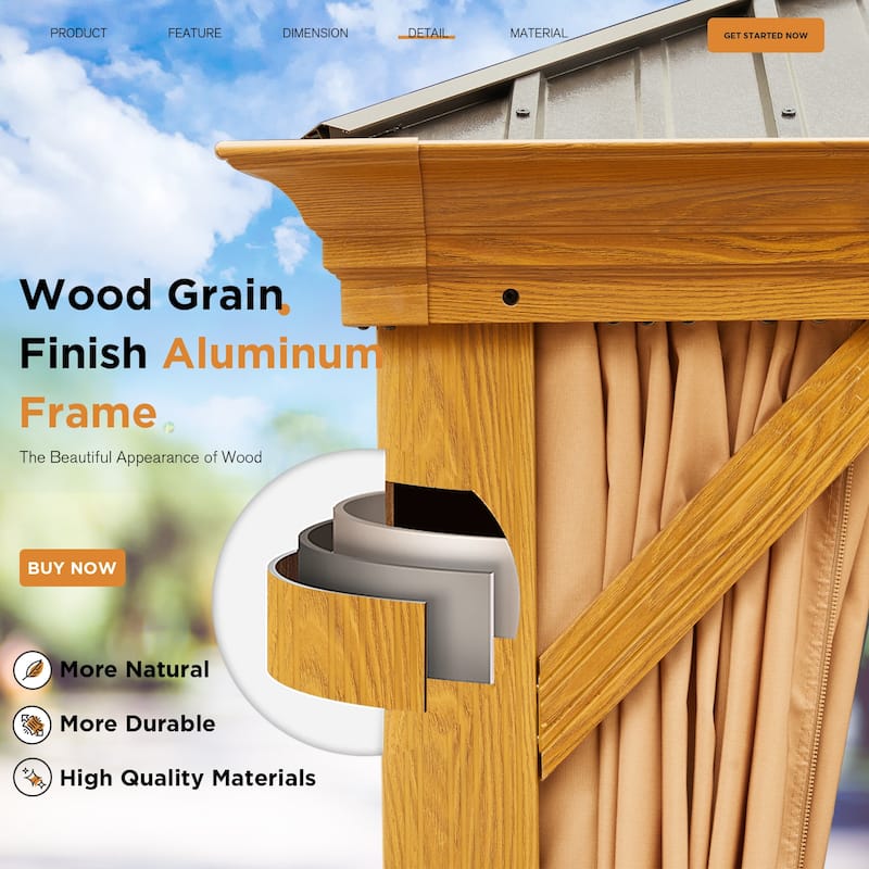 Outdoor Galvanized Steel Roof Gazebo Pergola w Wooden Coated Alumninum Frame, Privacy Curtains and Nettings Include