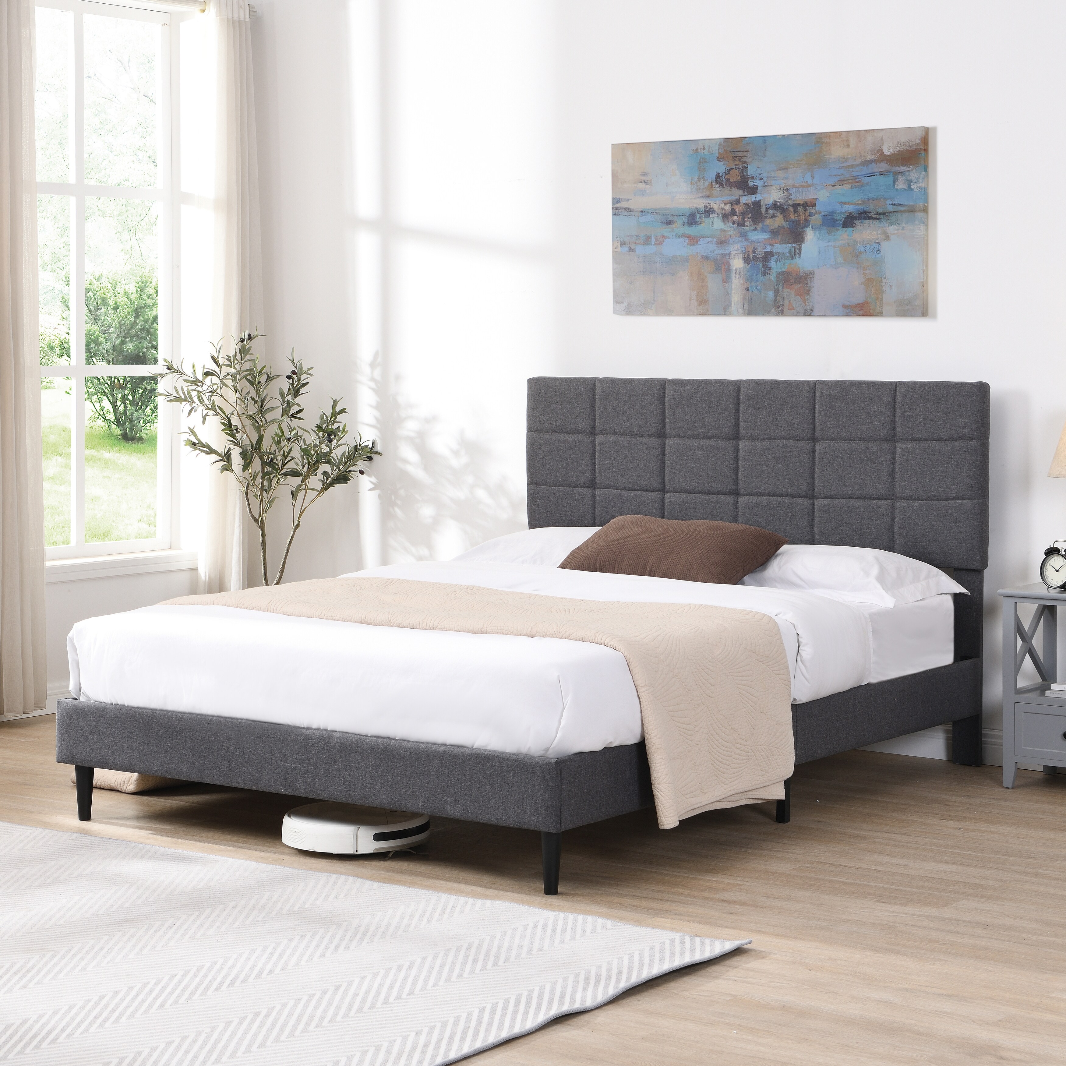 Queen Size Platform Bed Frame Gray Fabric Wooden Slats Modern