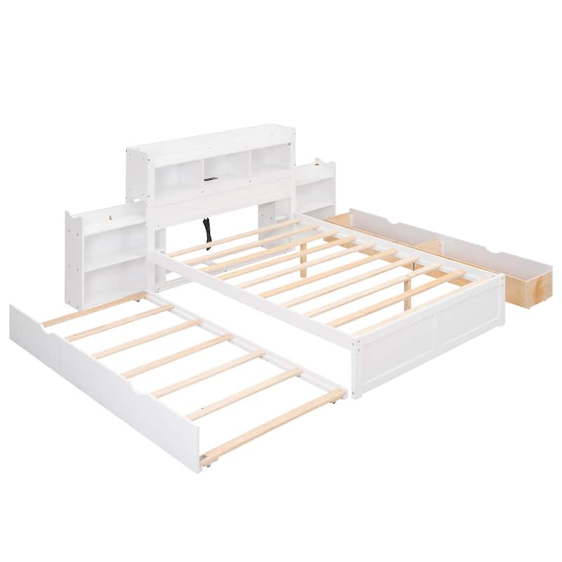 Full Size Storage Platform Bed Frame with Trundle, Drawers & Charging Station
