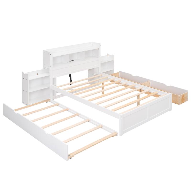 Full Size Storage Platform Bed with Pull Out Shelves, Twin Trundle, and 2 Drawers in White
