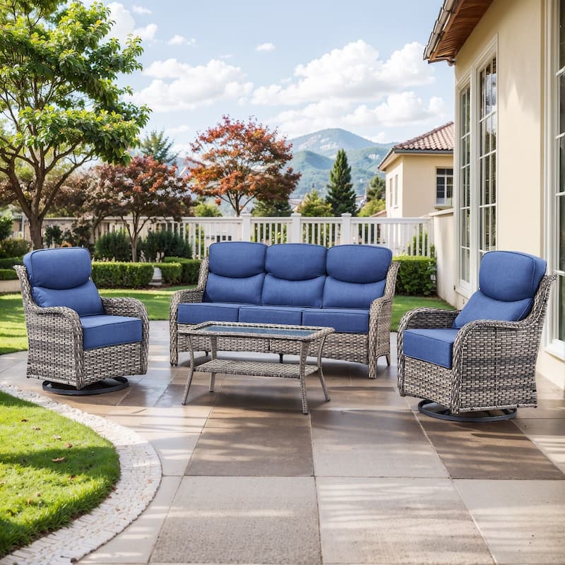 Outdoor Patio Sofa Swivel Chair with 6-Inch Thick Cushions Set - Grey Wicker Blue Cushion - 4PCS Sofa w/ Swivel Chair Table