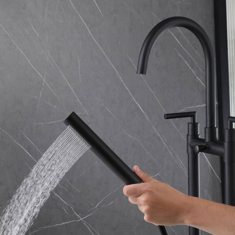 2-Handle 2-Hole Freestanding Tub Faucet with Hand Shower in Black/Gold