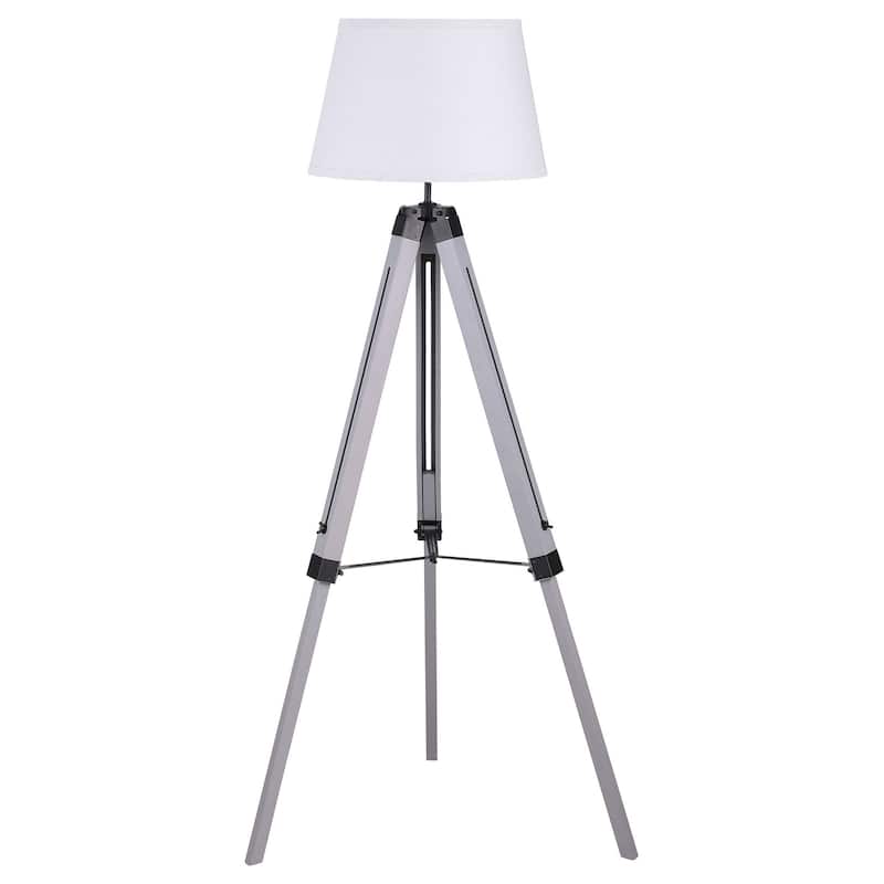 56 Inch Floor Lamp, White Tapered Drum Shade, Weathered Gray Tripod Base