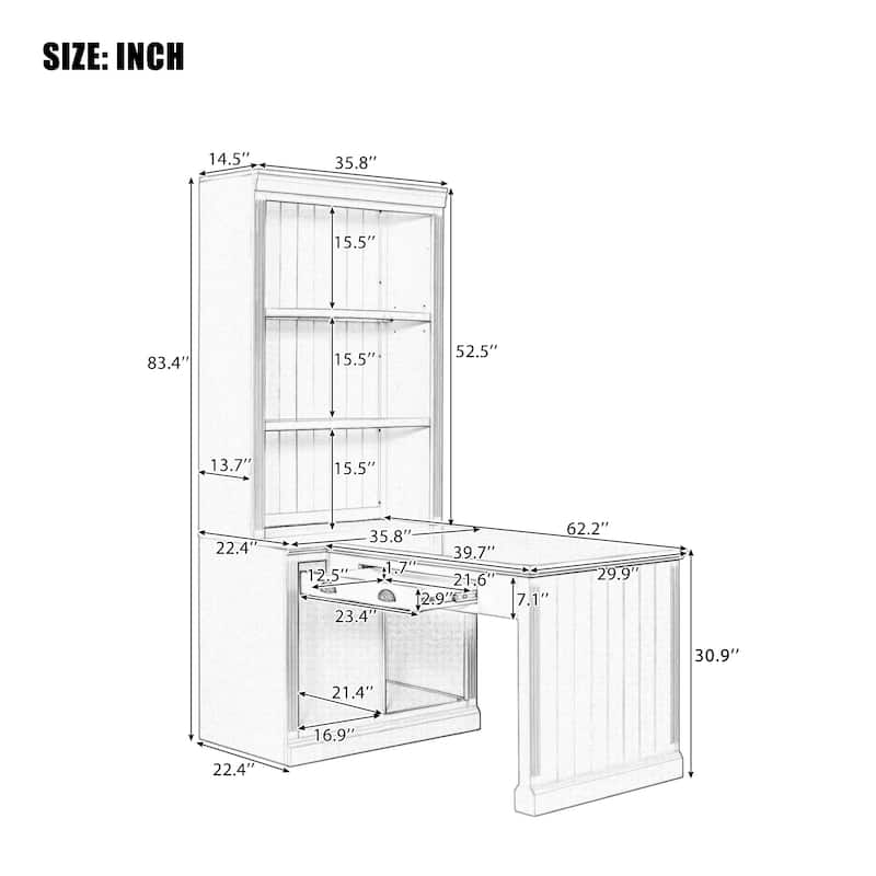83.4-Inch Tall Bookshelf Study Desk with Writing Desk, LED Lighting, Storage Shelves and Drawer for Home Office
