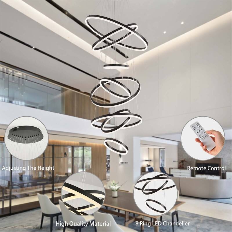 Modern 8 Ring LED Chandelier Dimmable High Ceiling Chandelier