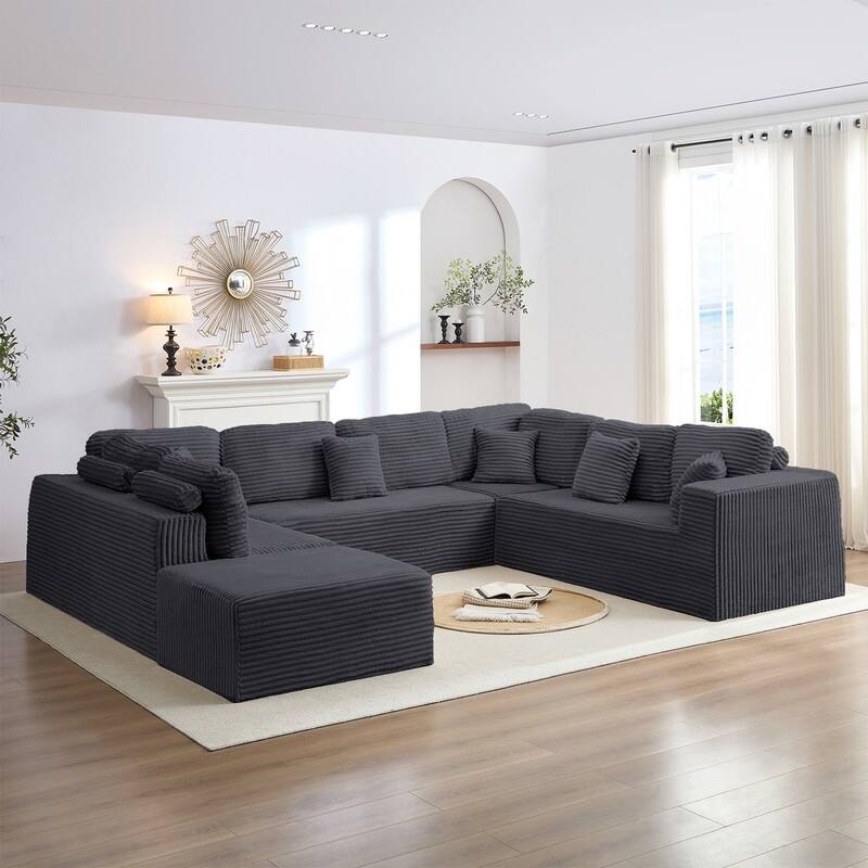 Mixoy 136"U-Shaped Modular Corduroy Sectional Sofa,7-Seater Deep Seats Sofa with Movable Ottoman - U-Shaped
