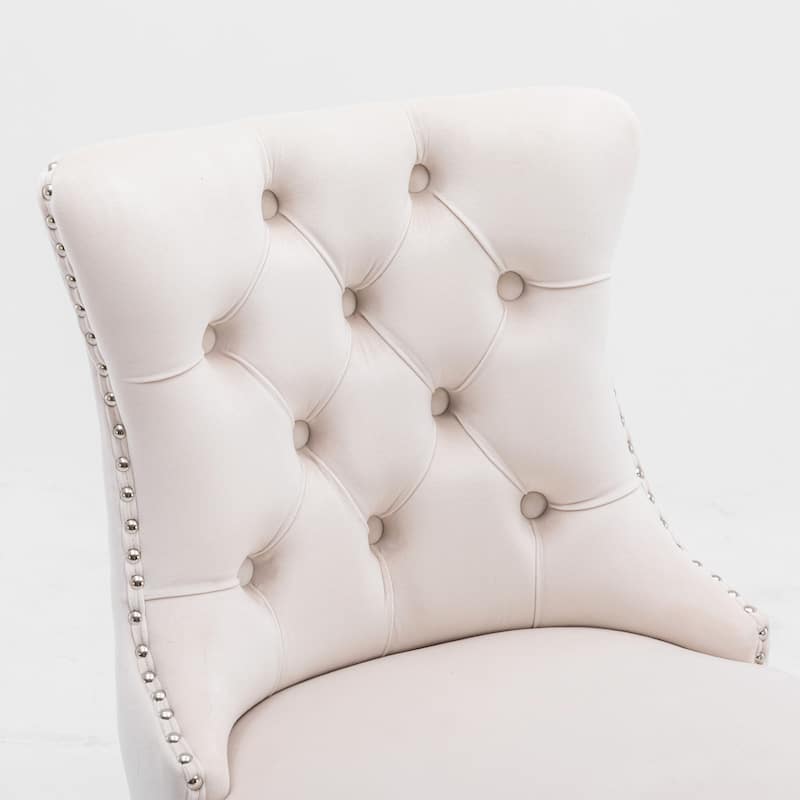 Contemporary Velvet Upholstered Barstools with Button Tufted Decoration and Wooden Legs, and Chrome Nailhead Trim,Set of 2