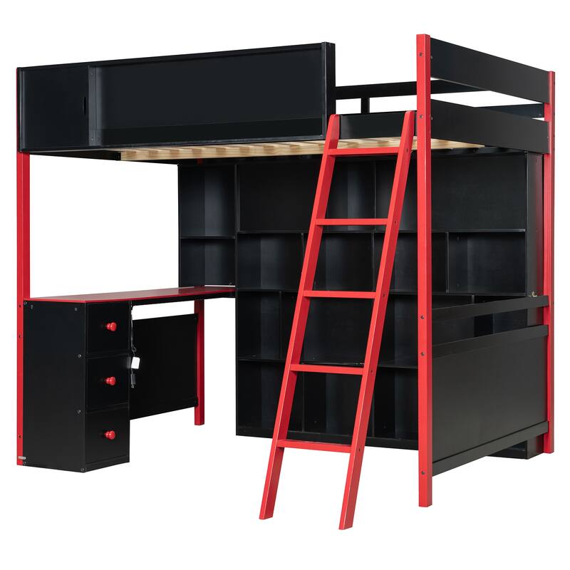 RGB Gaming Loft Bed with Desk, Light Strip, Display Wall, Storage Shelves, Sliding Access Door and Drawers, No Box Spring Needed