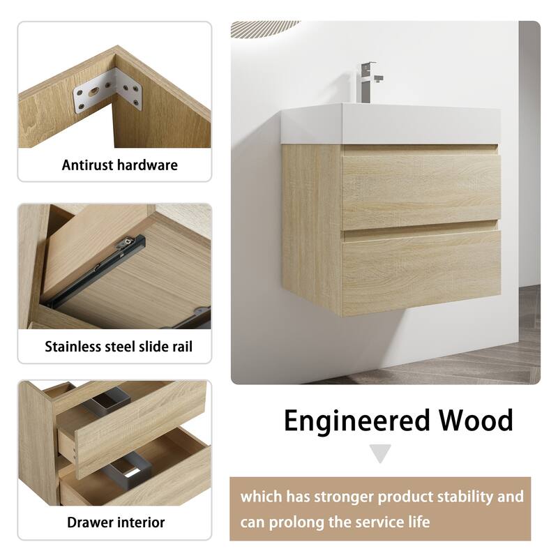 24/30/36 Single Sink Wall-Mounted Bathroom Vanity with Integrated Thick Edge Resin Sink