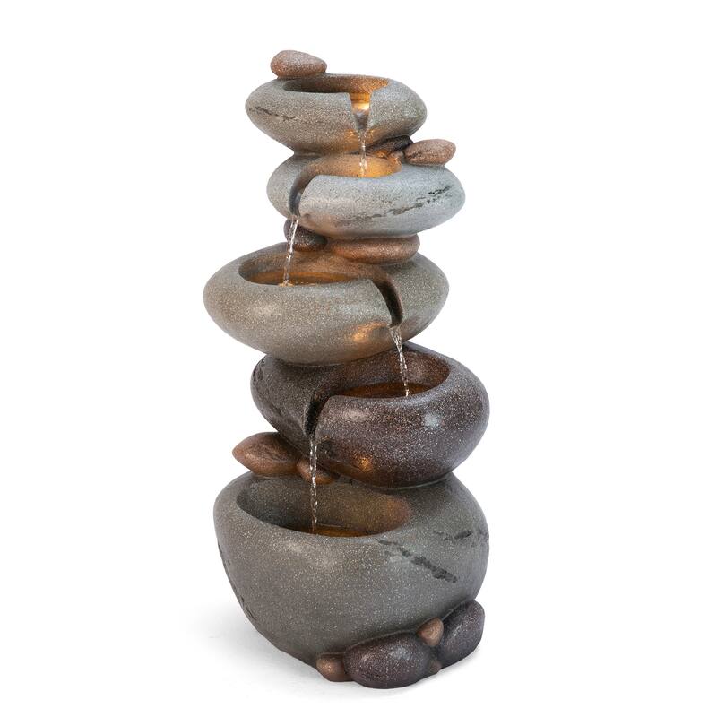 Glitzhome 24.5"H 5-Tiered Zen Style Stacked Pebbles Polyresin Outdoor Fountain with Pump and LED Light