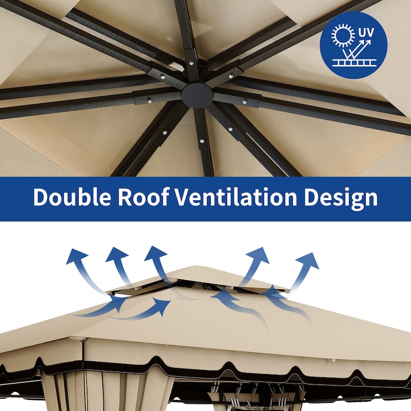 Outdoor 10x10/12Ft Patio Gazebo Canopy with Soft Roof Netting Curtains