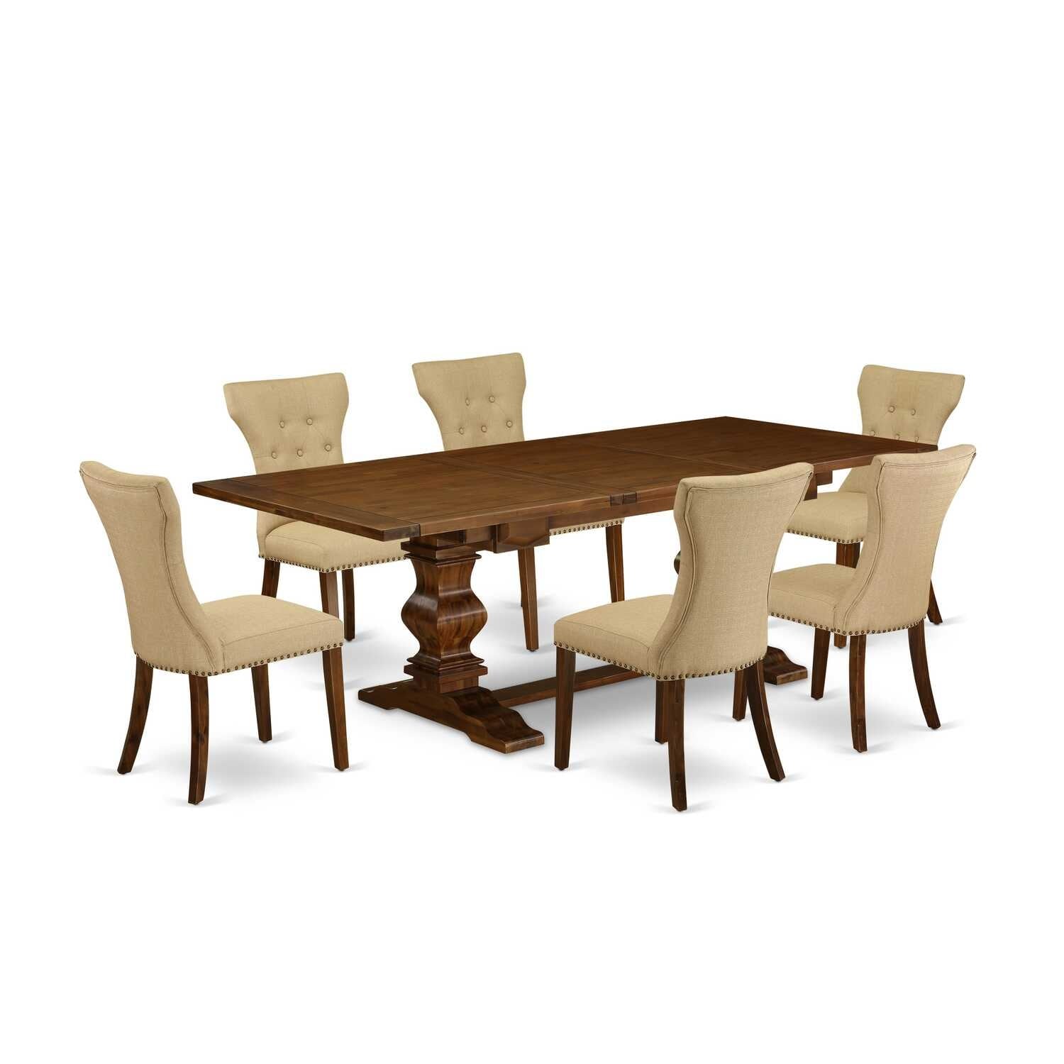 7-Piece Dining Room Set - Antique Walnut Table & Linen Fabric Chairs - 92