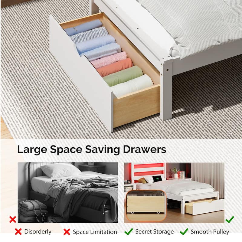 Twin Wood Bed Frame with Charging Station, Lighted Platform Bed, White