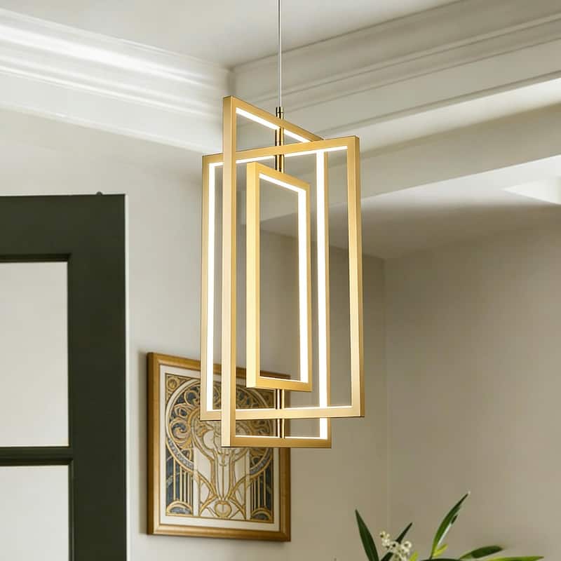 Modern Contemporary 1-Light Gold LED Chandelier Rectangle Geometric Pendant Lights - 15.5" L x 12" W x 20.5" H