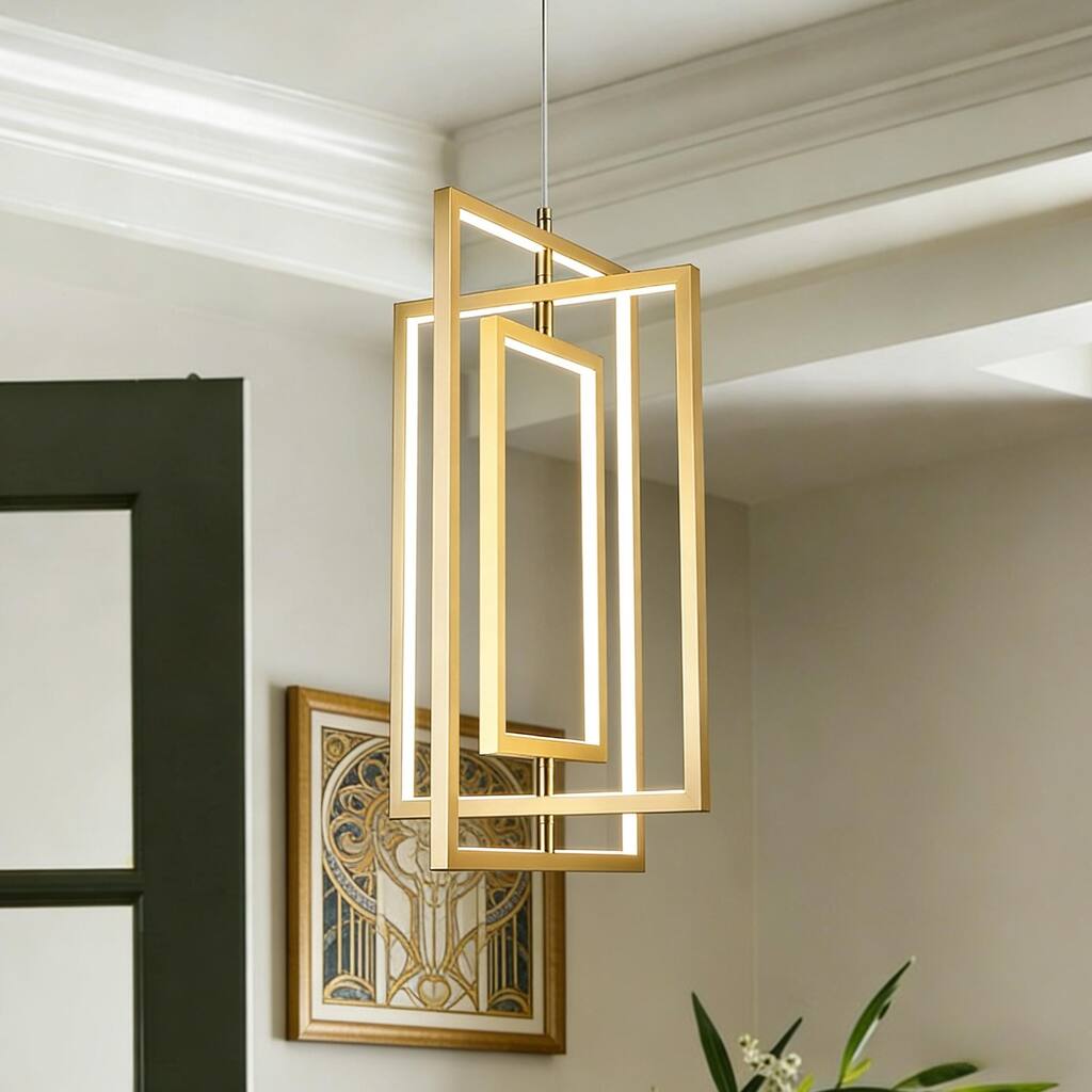 Modern Contemporary 1-Light Gold LED Chandelier Rectangle Geometric Pendant Lights - 15.5" L x 12" W x 20.5" H