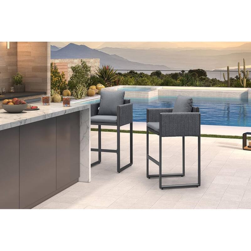 PURPLE LEAF Bar Stool Set of 2 Outdoor Rattan Bar Chair with Back Metal Bar Height Stool Wicker Barstool Dark Grey