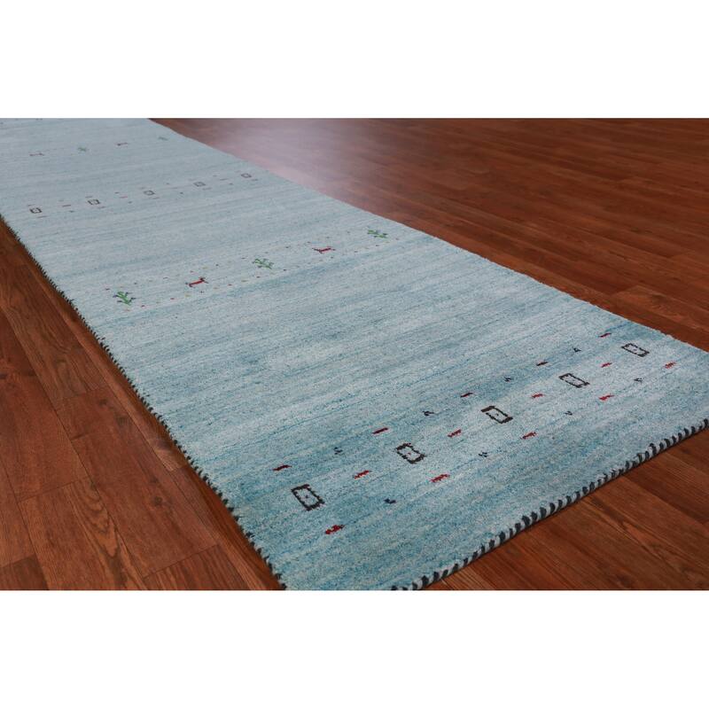 Light Blue Tribal Gabbeh Indian Runner Rug Handmade Wool Carpet - 2'7" x 10'2" - 2'7" x 10'2" - Blue