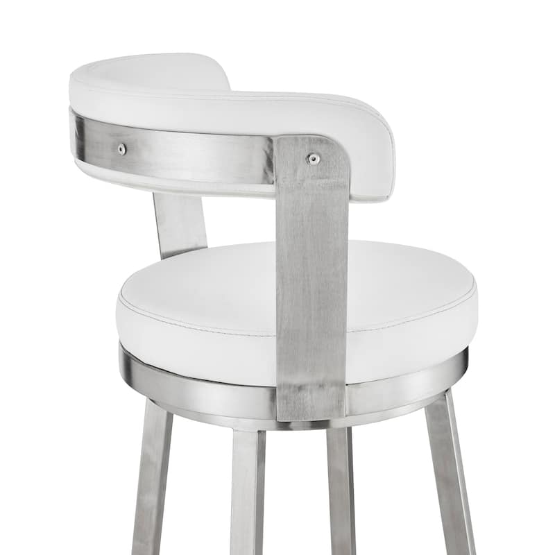 30" Chic White Faux Leather with Stainless Steel Finish Swivel Bar Stool - 40" x 17" x 19"