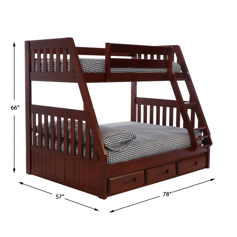 Twin Over Full Bunk Bed with Storage - Solid Pine Wood Frame - Merlot Finish - HomeStock