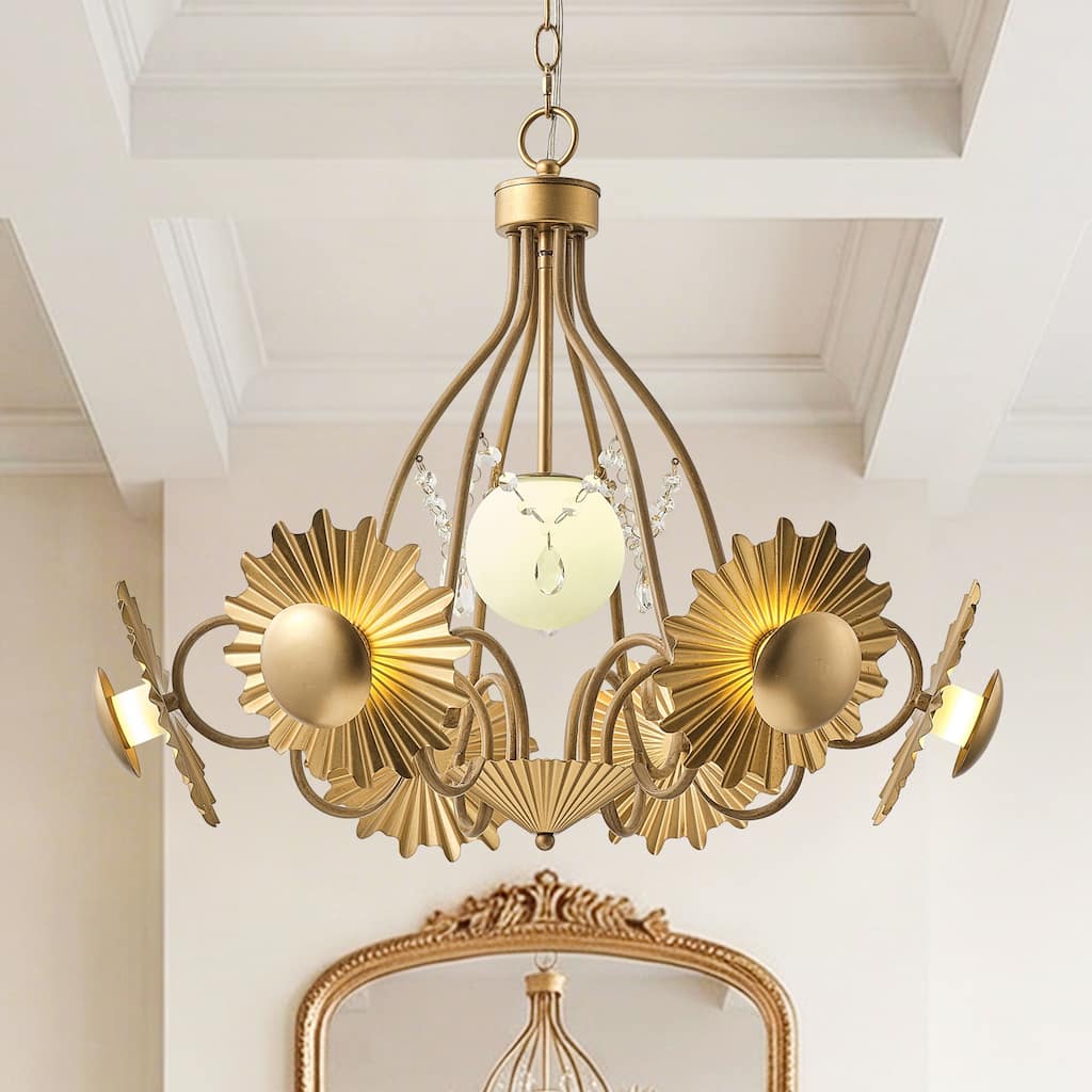 Antique Gold Modern Mid-Century Glam Sunburst Flower-Shaped Frosted Glass Globe LED Chandelier Light - 26.57 W x 22.44" H