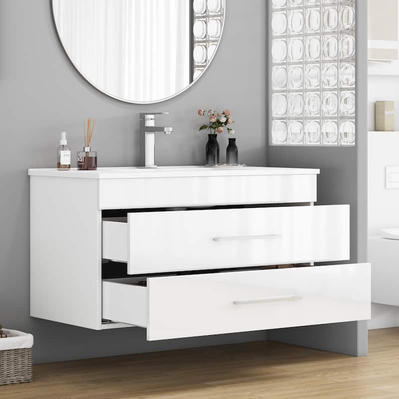 36-Inch White Gloss Wall-Mounted Bathroom Vanity with Double Drawers, Soft-Close System,Ceramic Sink,Long Metal Handle