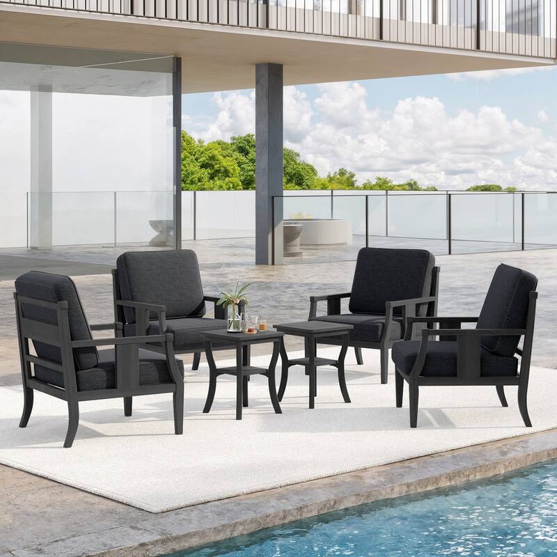 6-Piece Outdoor Teak Seating Set Armchair Patio Conversation Sets with 2 Tables, Cushion - Dark Wood - Dark Grey