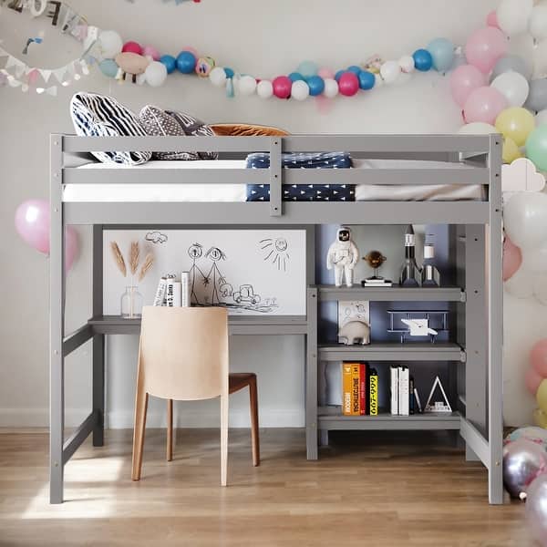 slide 2 of 29, Full Size Wooden Loft Bed with Shelves, Desk and Writing Board,Multi-Functional Children's Wooden Loft Bed White